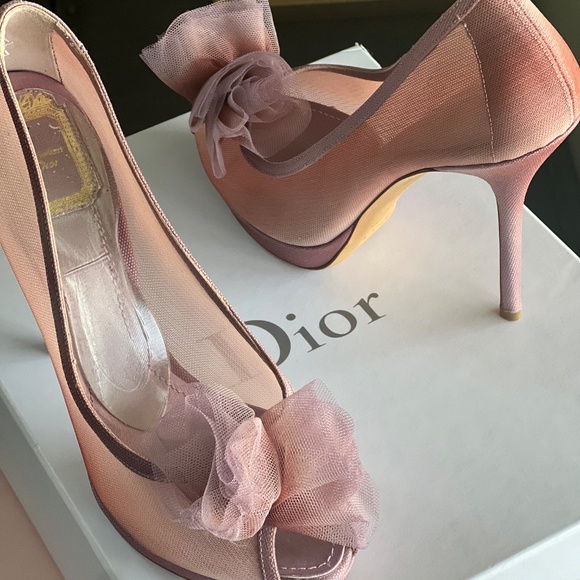 Dior Bagatelle Blush Ombré Peep Toe Pom Bow Wedding Heels Size 38.5 - Picture 7 of 13